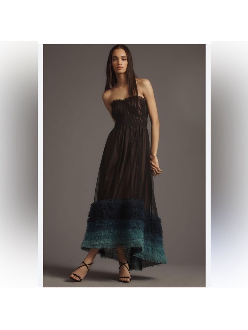 Anthropologie Black Strapless Maxi Dress with Teal Ombre Feather Hem